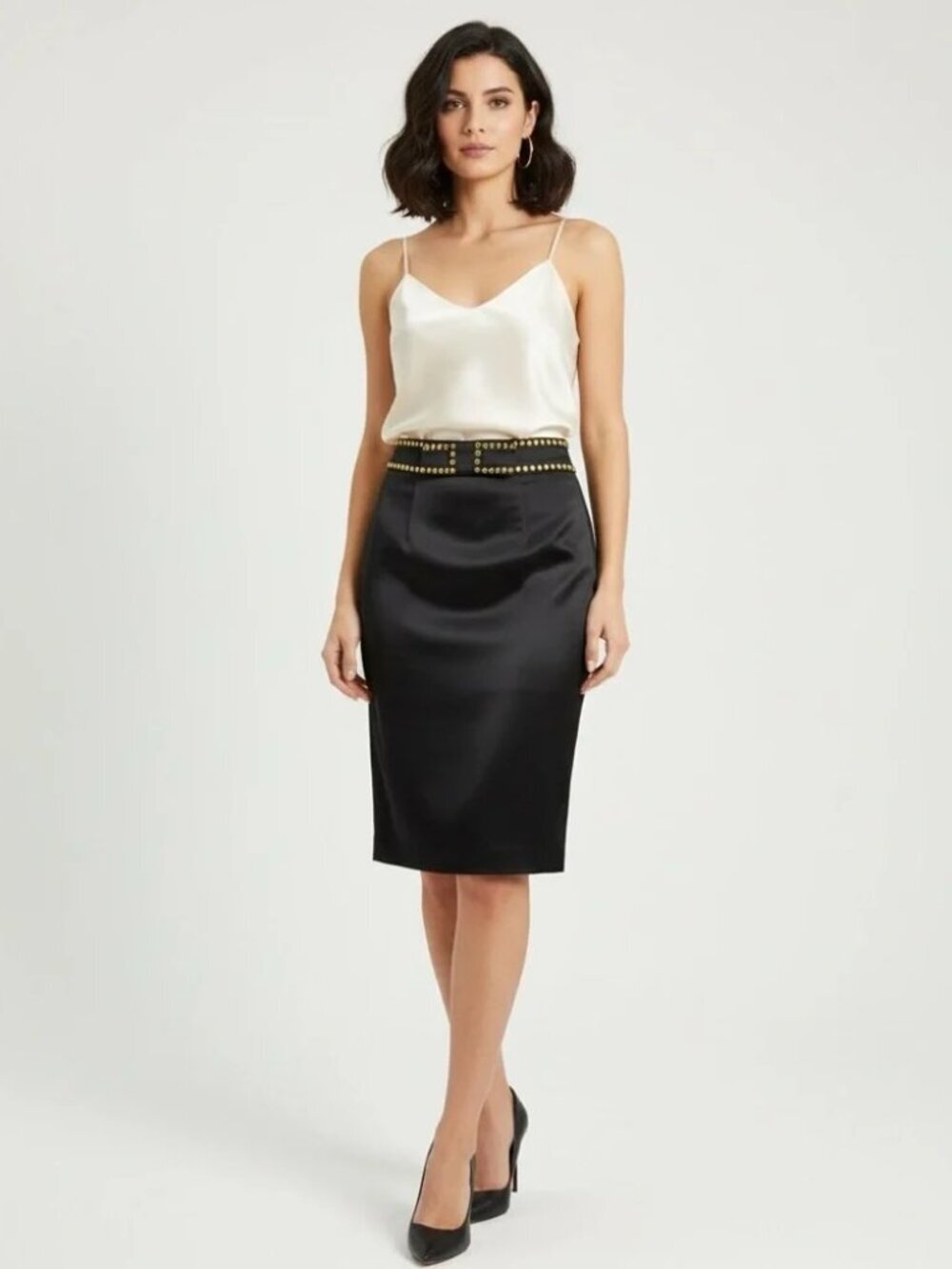 **RED Valentino Midnight Blue Satin Pencil Skirt w/ Jewel Embellished Waist EU38